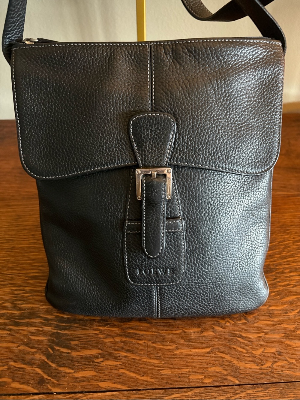 LOEWE Senda Vintage Black Pebbled Leather Crossbody Buckle Flap Shoulder Bag COA